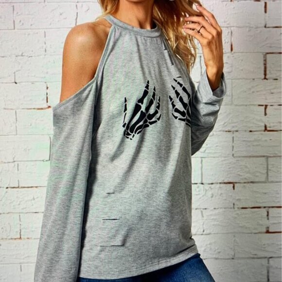 Ladies size XL Gray Skeleton hands  cold shoulder shirt - Picture 1 of 10